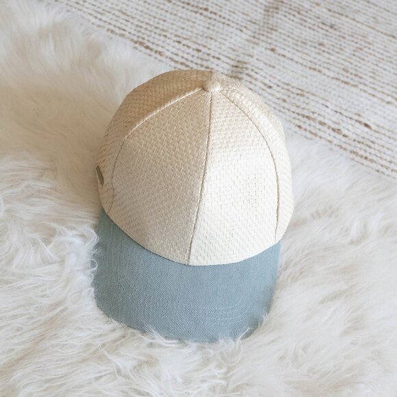TAHARI WOVEN STRAW BASEBALL CAP LIGHT BLUE BRIM HAT COTTON MINIMALIST NEUTRAL - Picture 1 of 5